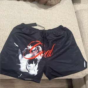 Fashion Nova Black Swim Trunks with Red and White Graphic